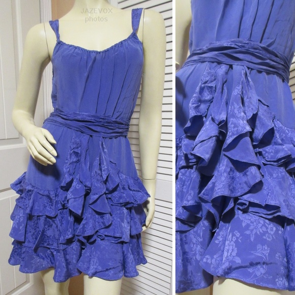 Rebecca Taylor Ruffle Tiered Cocktail Party Dress 6 100% SILK Floral Purple Boho - Picture 1 of 8